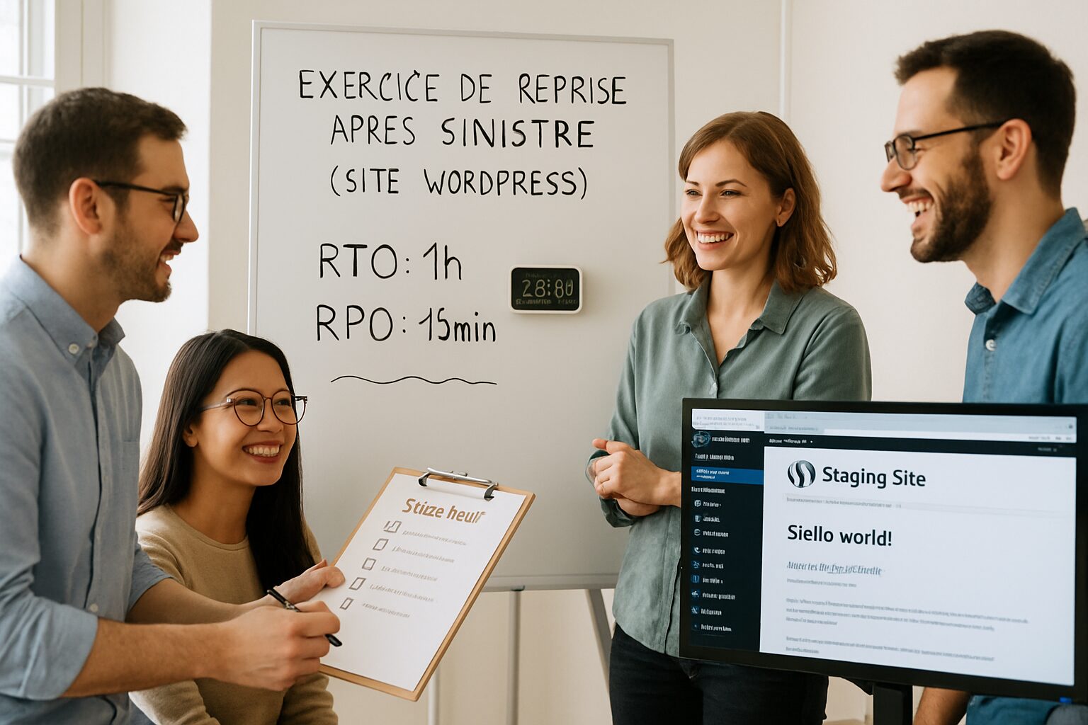 Exercice de test de restauration WordPress avec objectifs RTO et RPO