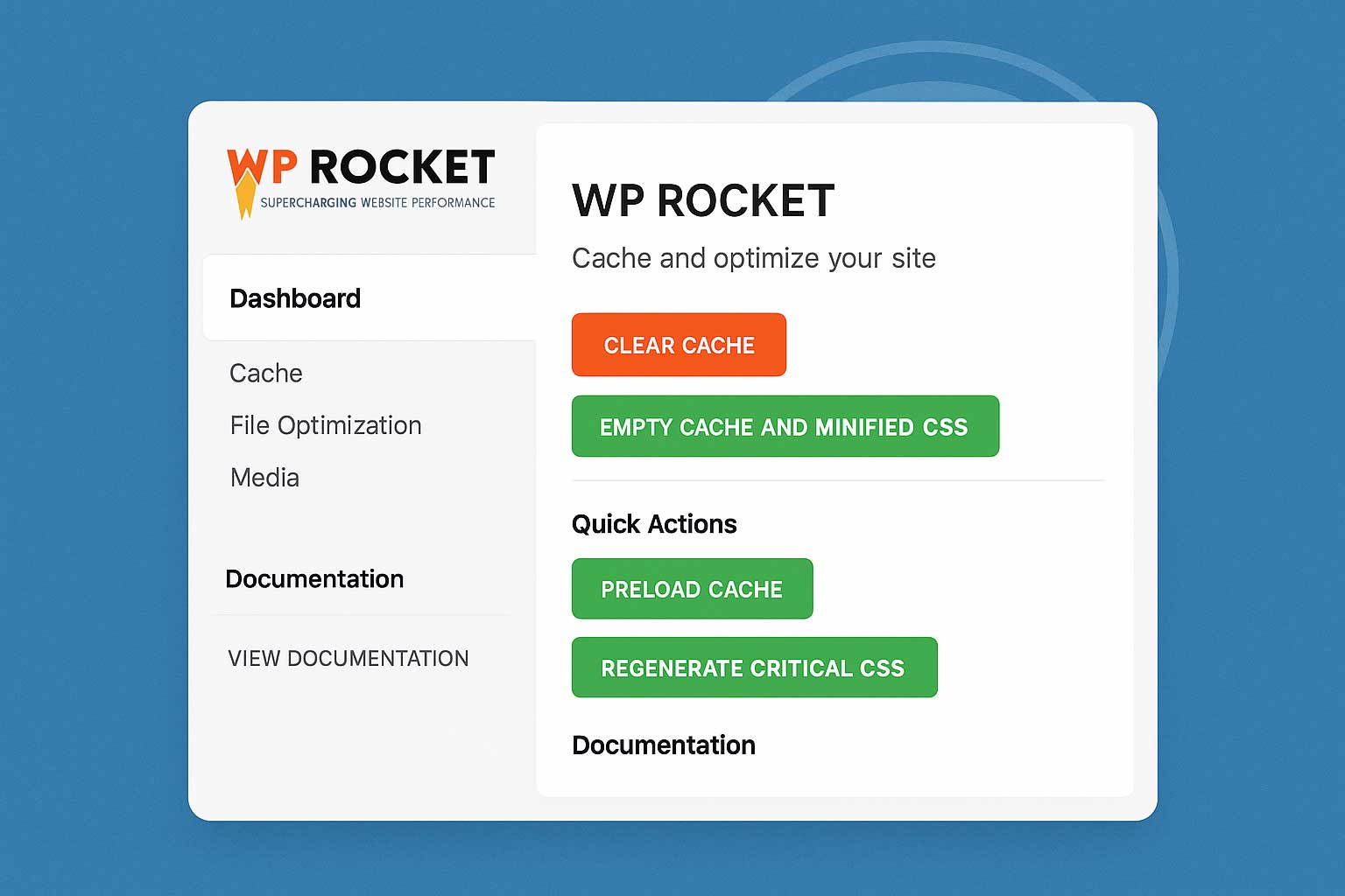 Interface du plugin WP Rocket dans le tableau de bord WordPress