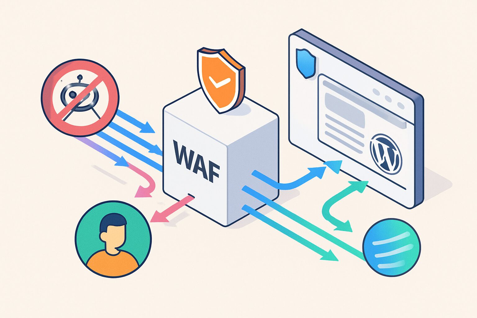 Illustration d’un pare-feu WAF filtrant le trafic avant WordPress