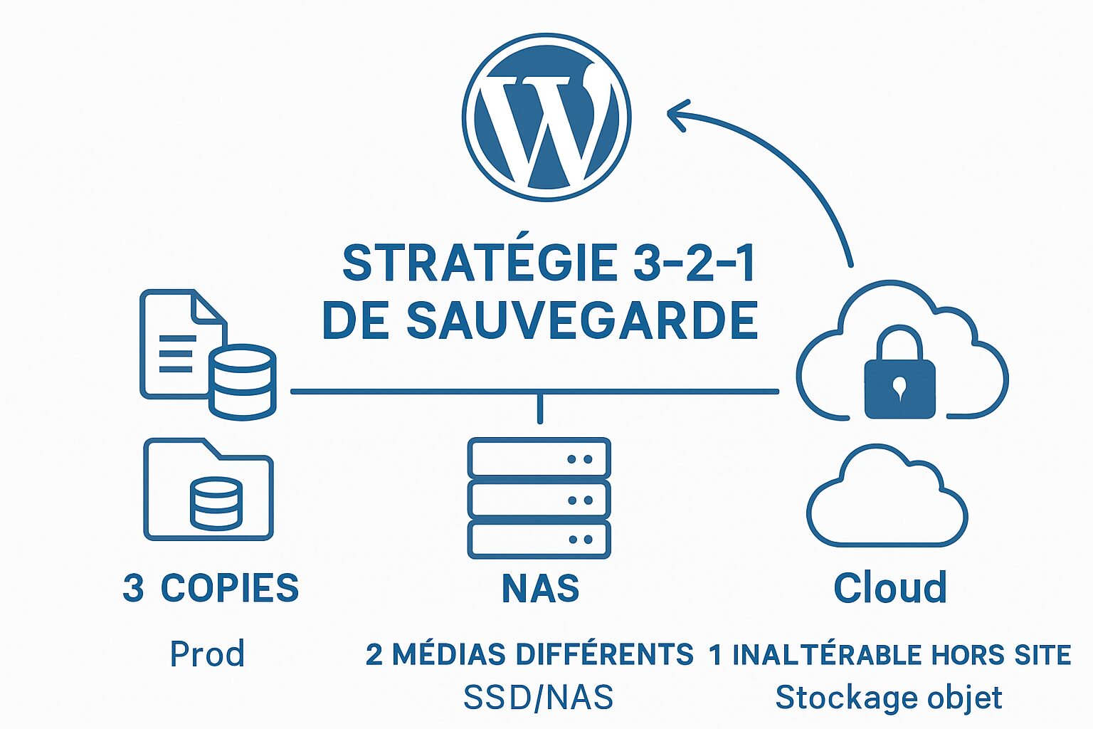 Schéma 3-2-1 pour un site WordPress avec copies locales et cloud
