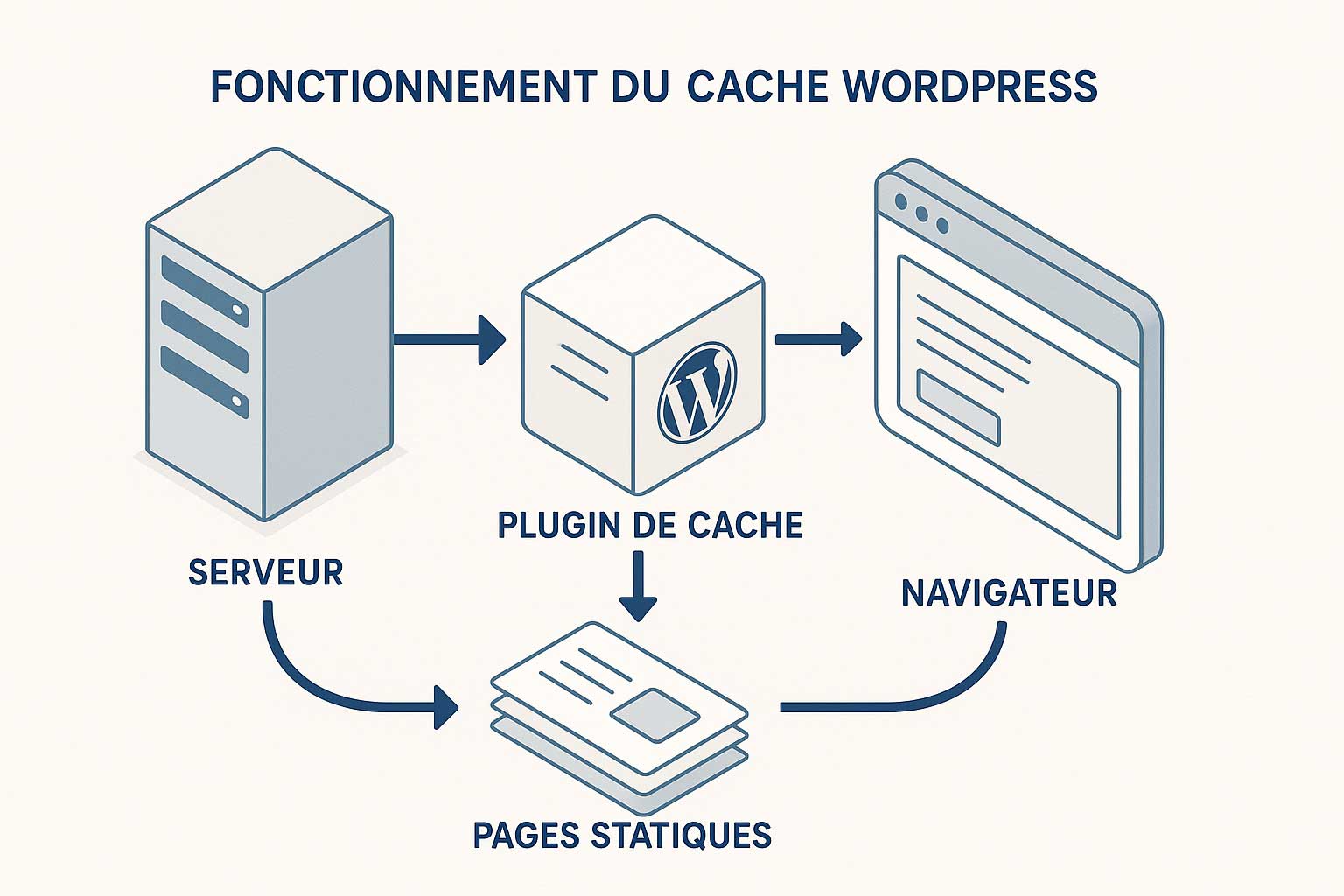 Schéma du fonctionnement du cache WordPress avec plugin de cache