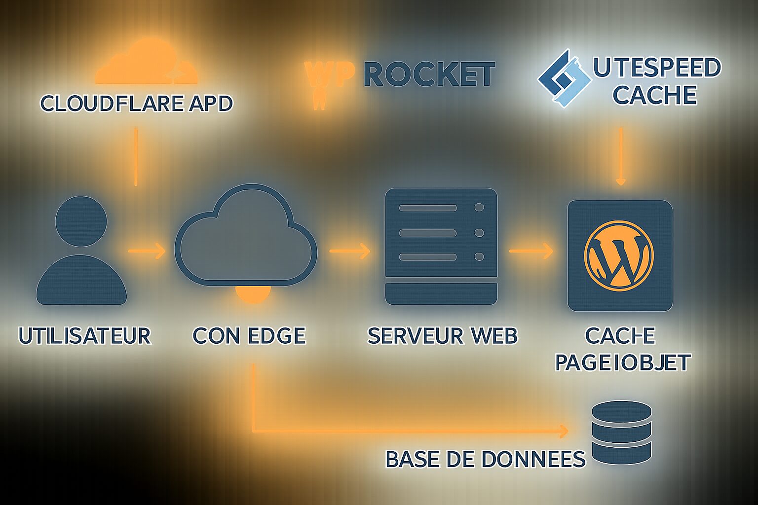 Schéma du flux de cache WordPress et CDN en 2025