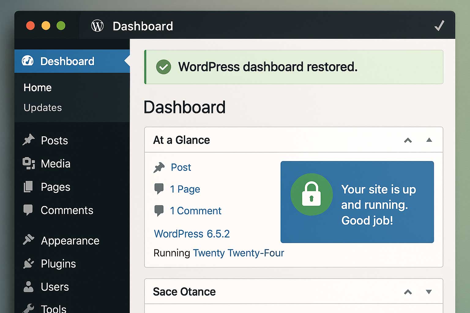 Tableau de bord WordPress restauré avec succès