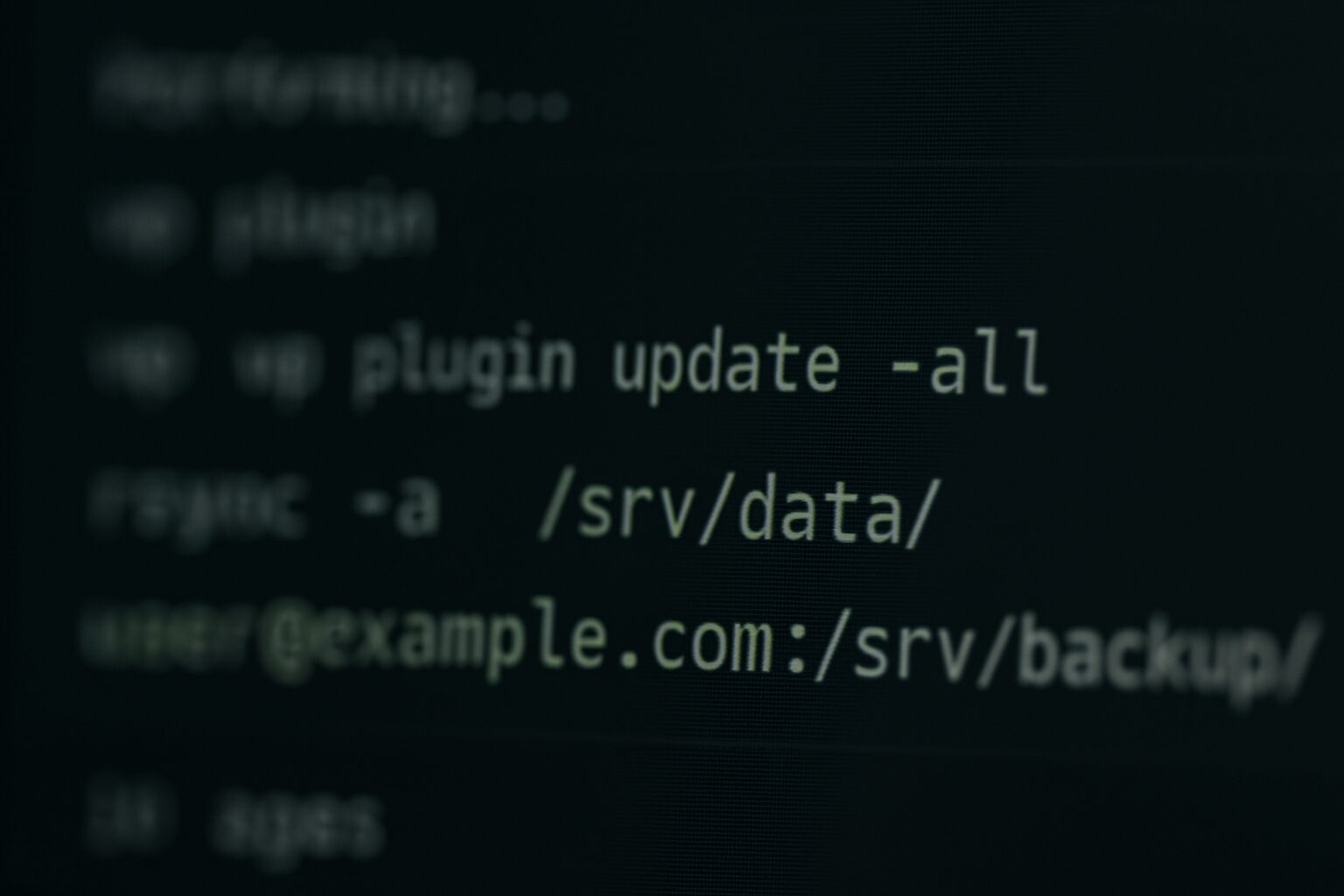Terminal affichant des commandes WP-CLI et rsync pour synchroniser WordPress.