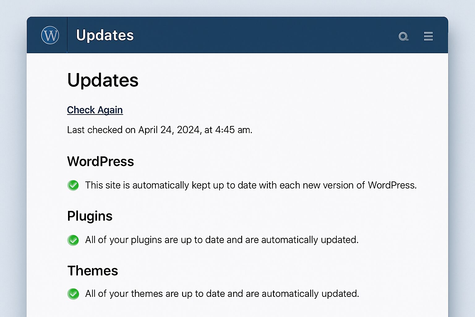 Écran des mises à jour automatiques de WordPress activées pour le noyau, les plugins et les thèmes