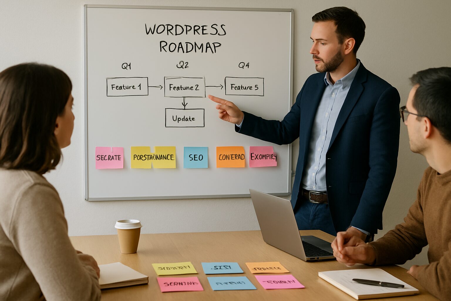 Atelier de roadmap WordPress 2026 : post-its et tableau blanc.