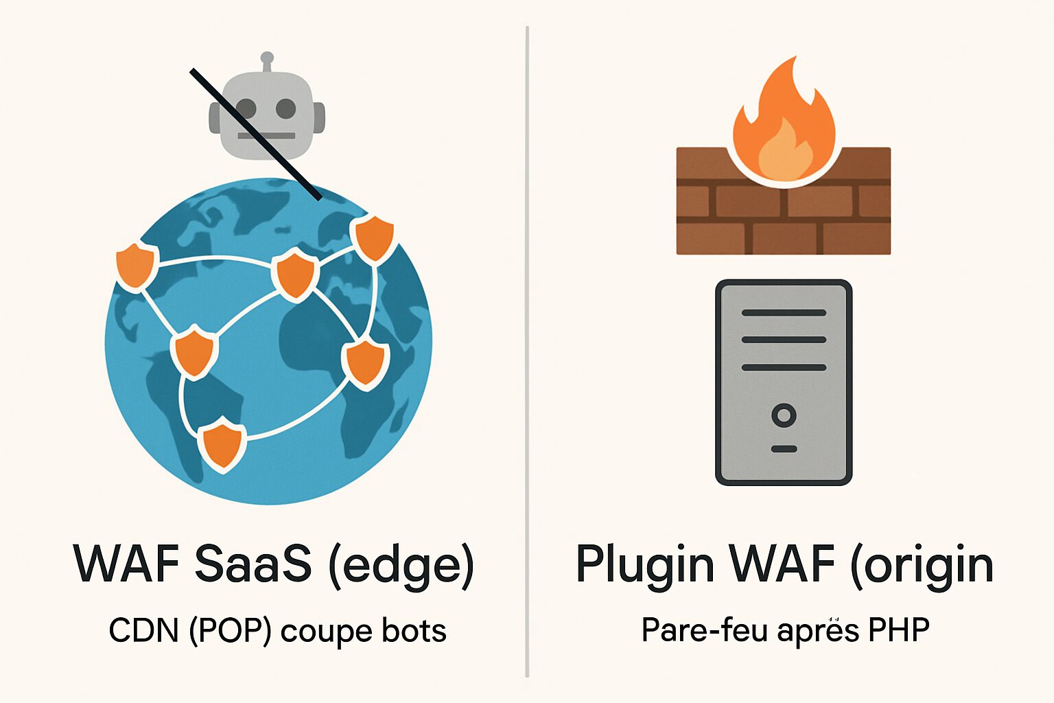 Comparatif visuel WAF SaaS vs plugin WordPress