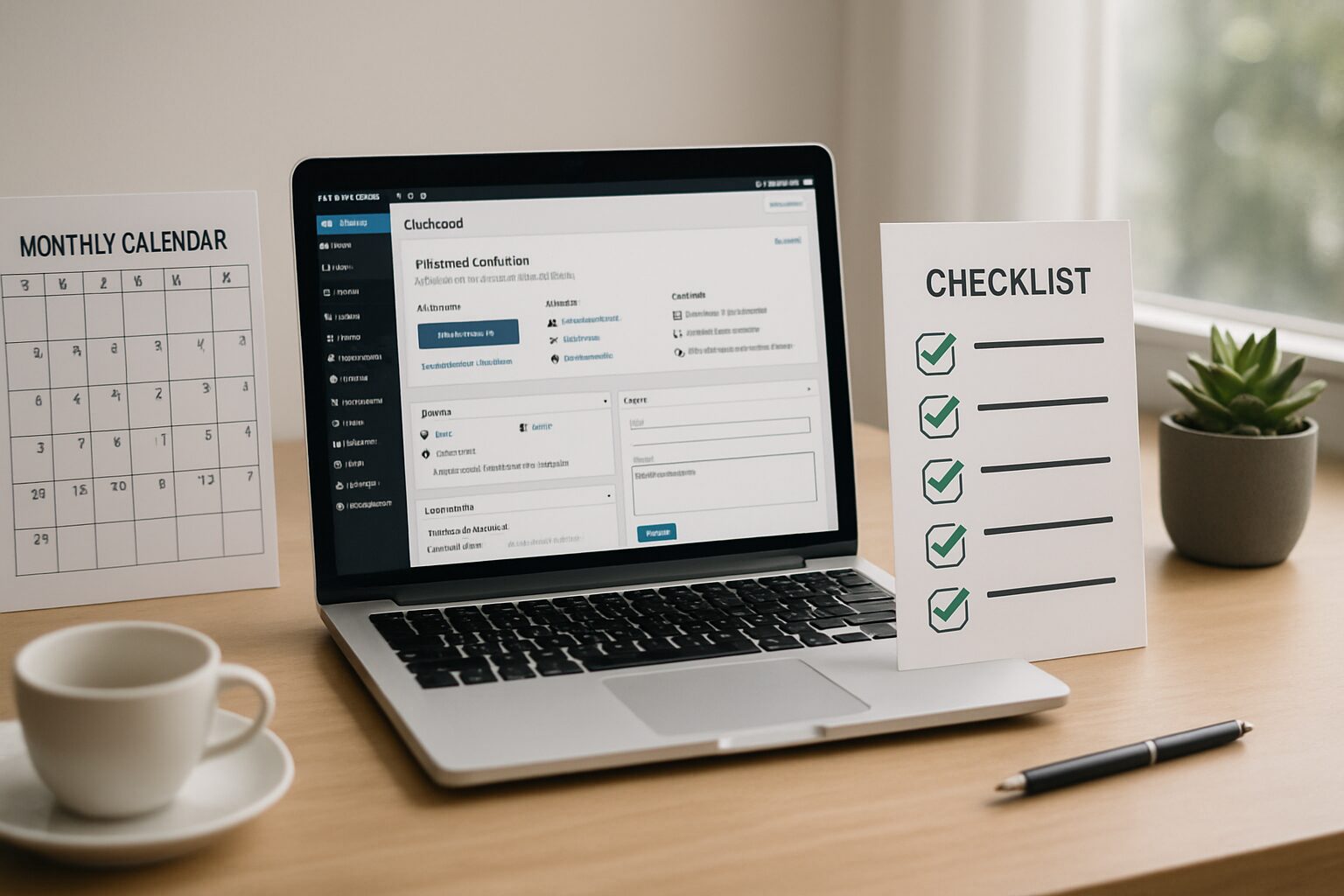 Tableau de bord WordPress avec calendrier et checklist mensuelle