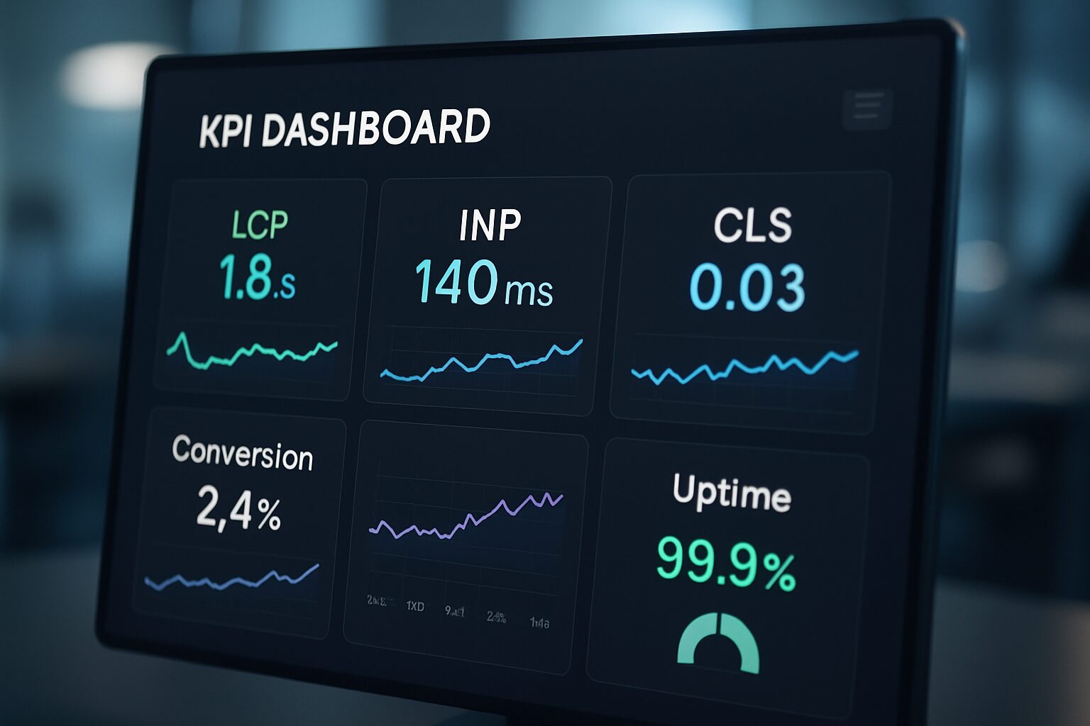 Dashboard KPI site web : Core Web Vitals, conversion et uptime.