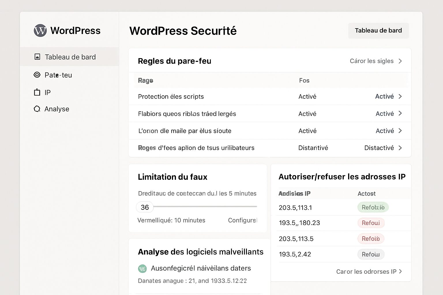 Tableau de bord sécurité WordPress et règles firewall