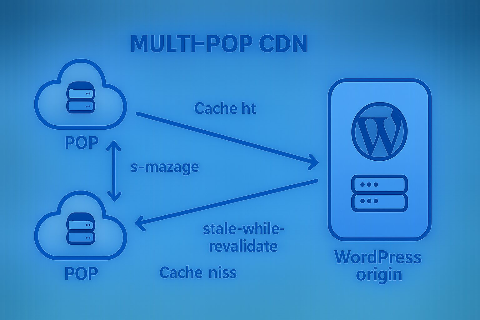 Schéma CDN devant WordPress avec s-maxage et stratégies de revalidation.