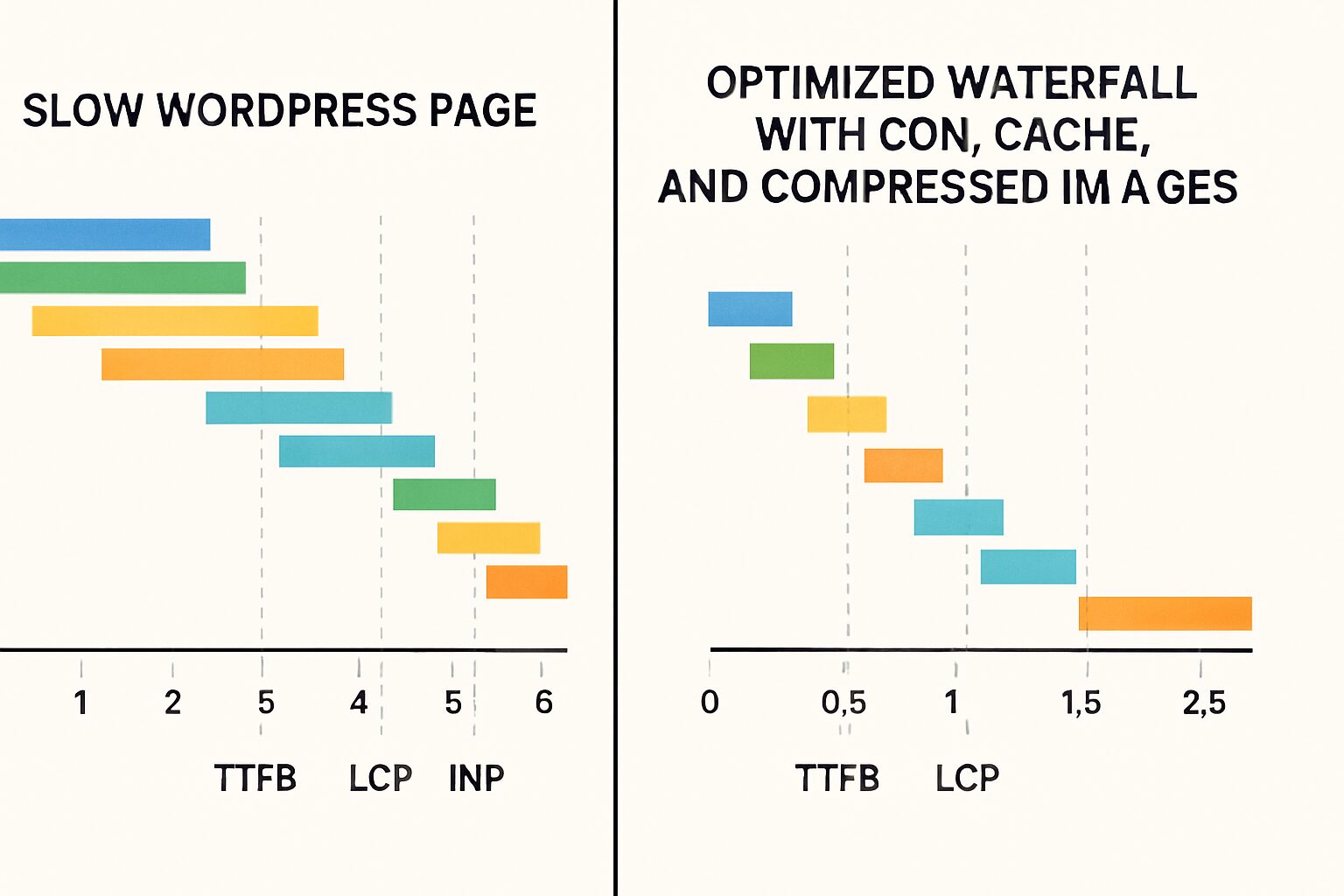Comparatif avant/après d’un waterfall de page WordPress optimisée