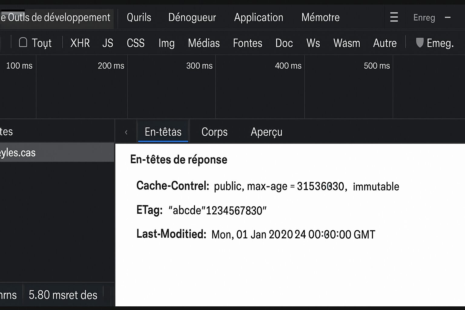 DevTools affichant Cache-Control, ETag et Last-Modified sur une ressource statique.