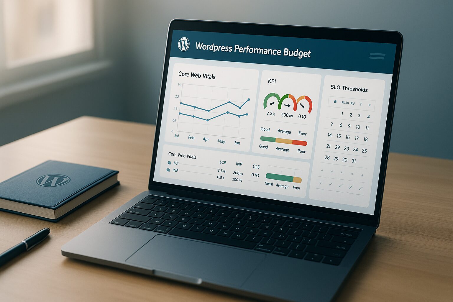 Tableau de bord Core Web Vitals et KPI WordPress avec seuils SLO