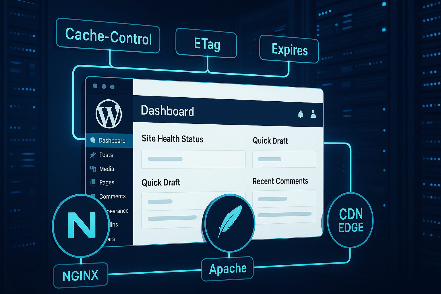 WordPress et serveurs avec headers Cache-Control, ETag et Expires reliés à Nginx, Apache et un CDN.