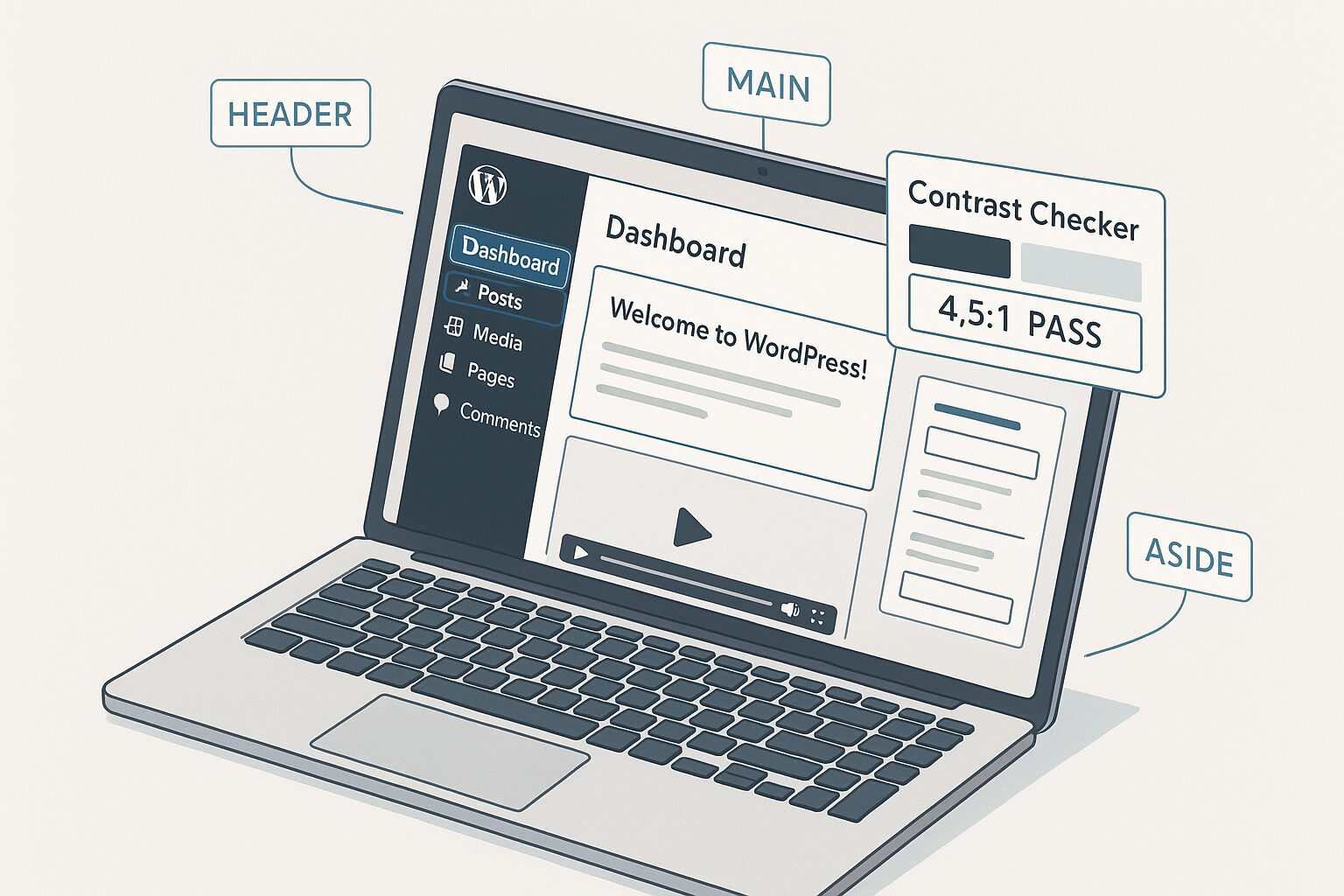 Illustration Accessibilité WordPress AA: contrastes, clavier, ARIA et médias sous-titrés