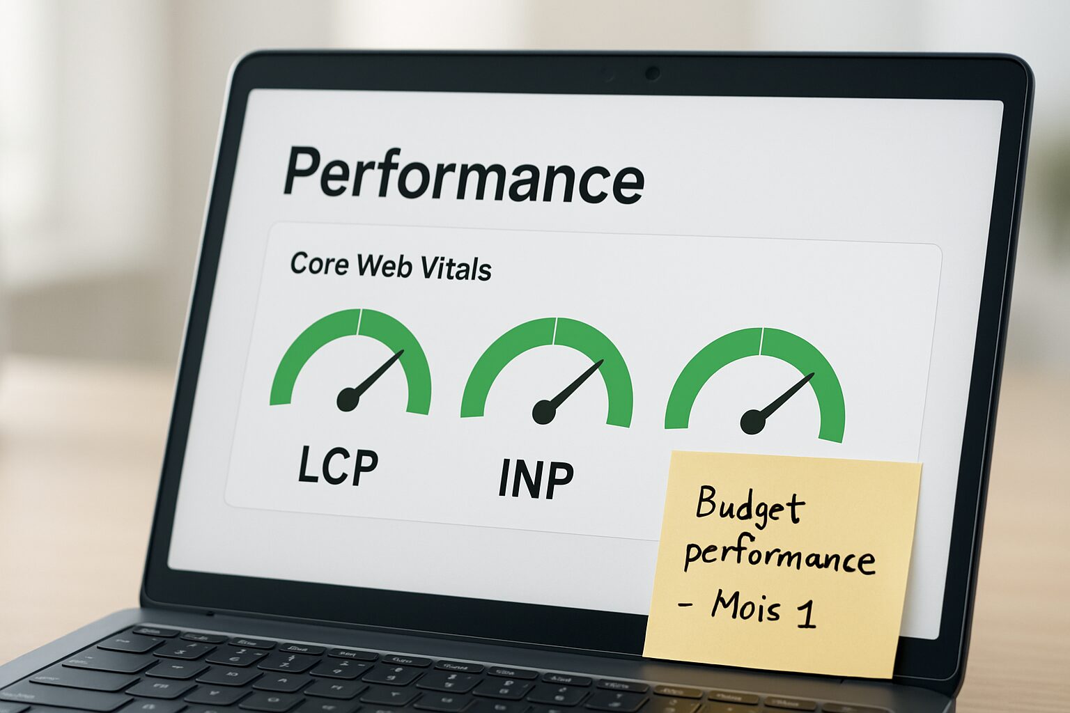 Gros plan d’un tableau de bord Core Web Vitals avec KPI en vert