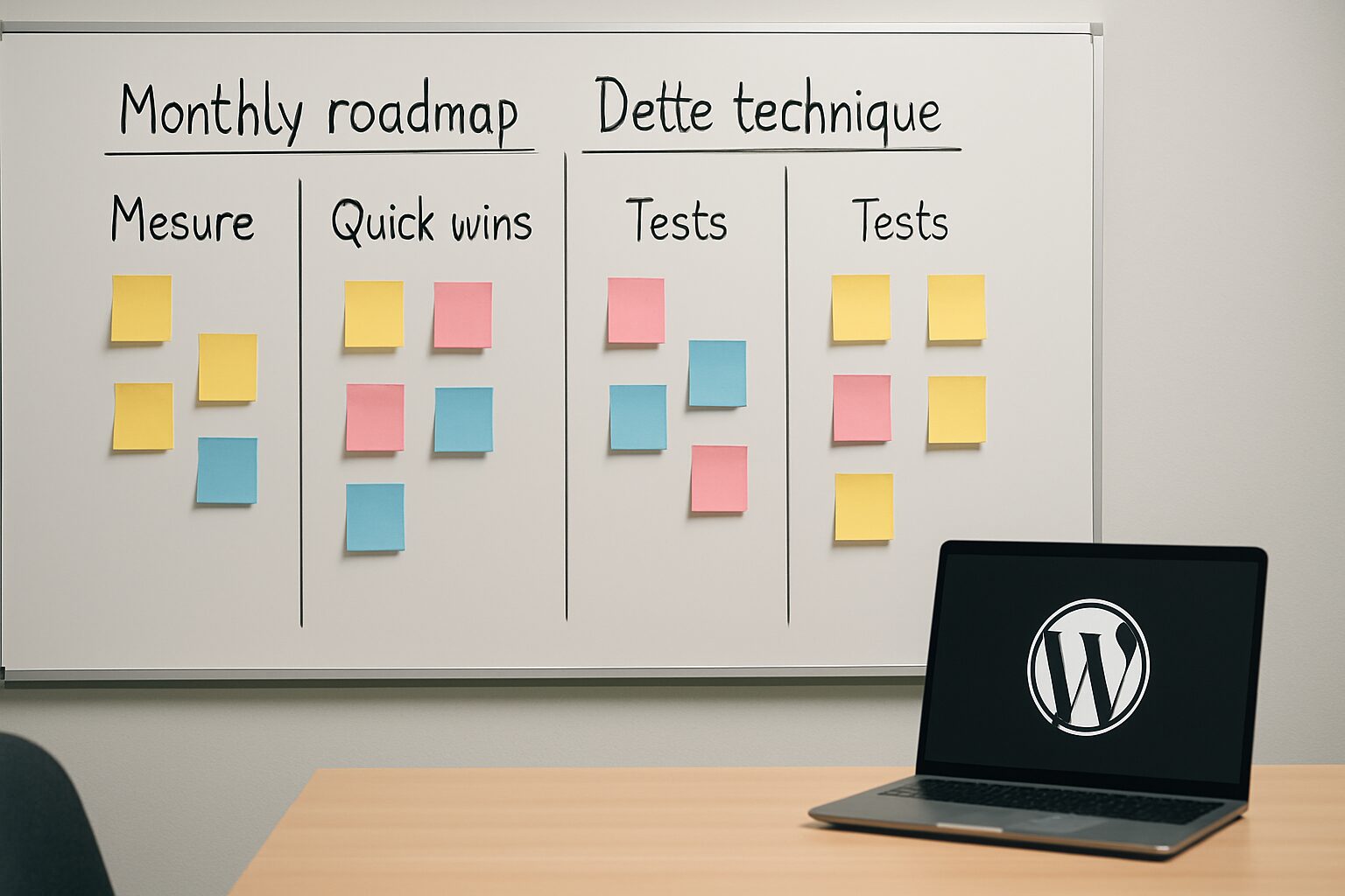 Roadmap technique mensuelle WordPress avec colonnes de priorités