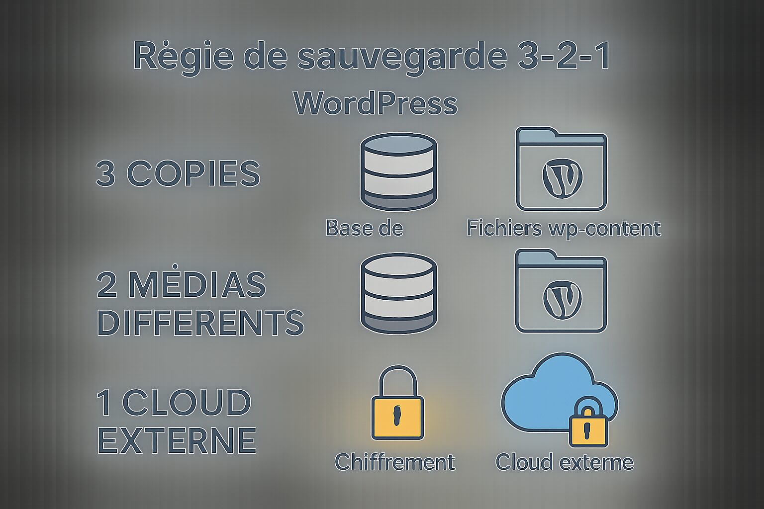 Schéma de la stratégie 3‑2‑1 pour sauvegardes WordPress